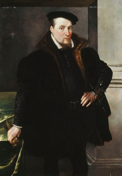 Ritratto di un gentiluomo, a tre quarti, in un cappotto nero con fodera di pelliccia da Maarten de Vos