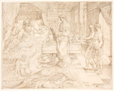 Assuero, quando non poteva dormire, consultando i registri da Maarten van Heemskerck