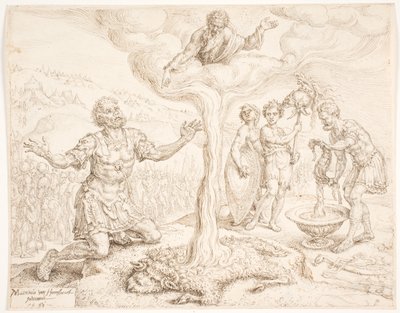 Gedeone in ginocchio in preghiera (La storia della rugiada e del vello di lana) da Maarten van Heemskerck