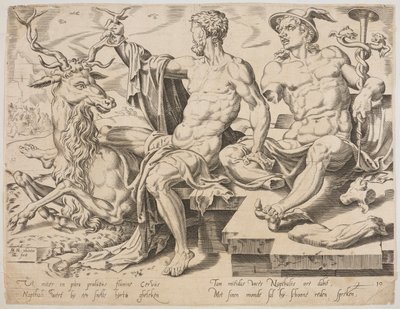 Neftali con un cervo e una statua rotta di Mercurio, dalla serie I Dodici Patriarchi, incisione di Dirk Volkertsz Coornhert da Maarten van Heemskerck