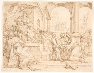 Il segretario di stato Shaphan legge il libro della legge al re Giosia, che strappa le sue vesti da Maarten van Heemskerck