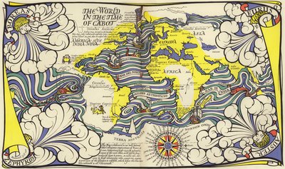 Mappa del mondo al tempo dei navigatori Giovanni e Sebastiano Caboto (litografia a colori) da MacDonald Gill