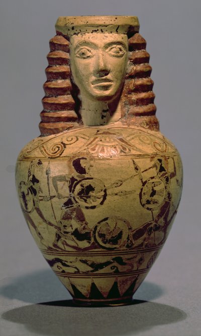 Aryballos proto-corinzio con testa umana, decorato con una scena di combattimento, c.640 a.C. da Macmillan Painter