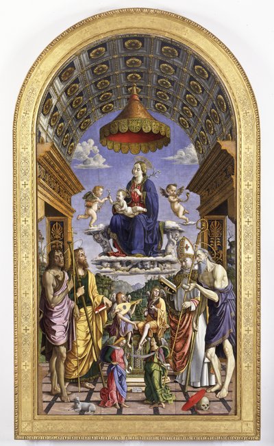 Madonna col Bambino in gloria, angeli musicisti e santi Giovanni Battista, Giacomo, Ugo e Girolamo, 1498 da Macrino dAlba