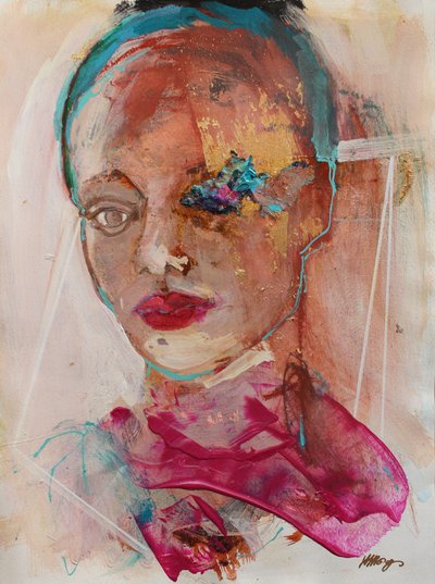 Lost In Thought 2, 2020 (acrilici, pastelli e foglia d