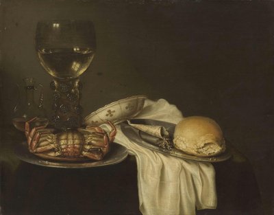 Olandese: Natura morta con granchio, Roemer, pane e stoviglie Natura morta con Roemer da Maerten Boelema de Stomme