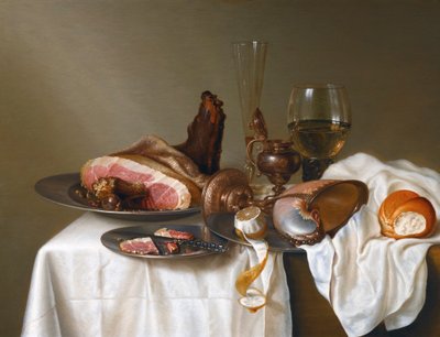 Natura morta con prosciutto e coppa Nautilus da Maerten Boelema de Stomme