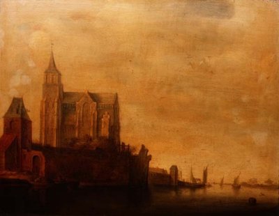 Groote Kerk con vista della torre principale, Emmerich in un paesaggio fluviale con barche a vela da Maerten Fransz van der Hulst