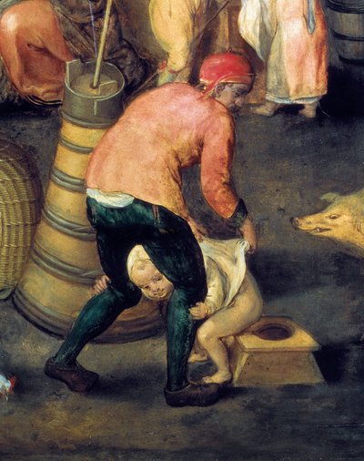 Interno di una casa fiamminga. Un uomo tiene un bambino sul vasino da Maerten van Cleve