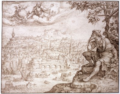Giona, seduto sotto la zucca, contempla la città di Ninive, 1566 da Maerten van Heemskerck