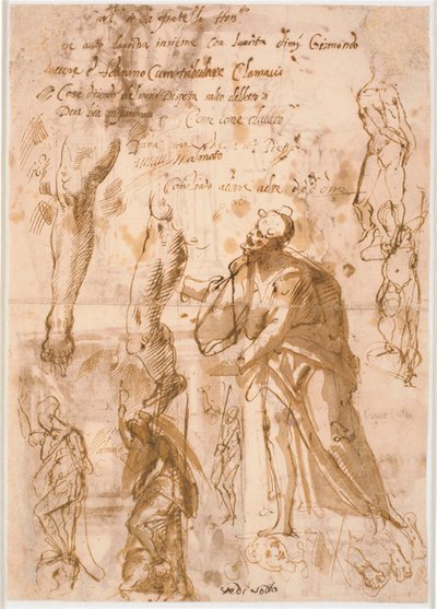 Due fogli da un taccuino. Sei studi per figure in piedi, due studi per gambe, tre schizzi per piedi e una testa da Maganza