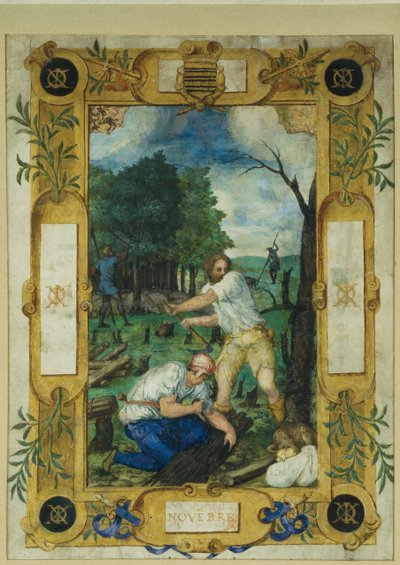 Pagina del calendario per novembre, abbattimento degli alberi, da un libro d