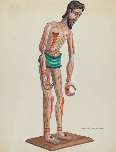 Cristo di legno, vista frontale dipinta, c. 1937 da Majel G. Claflin