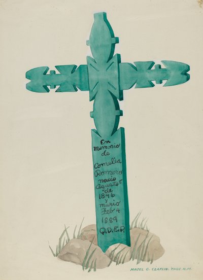 Croce di legno scolpita, usata come lapide da Majel G. Claflin