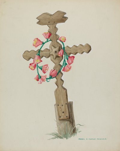 Croce di legno usata come lapide fatta a mano, c. 1937 da Majel G. Claflin