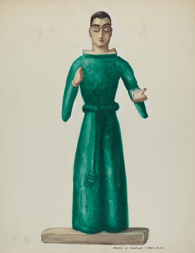 Santo di legno in abito verde brillante da Majel G. Claflin