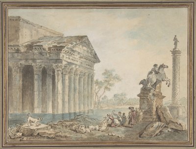 Capriccio architettonico con monumenti romani e lavandaie da Manner of Hubert Robert