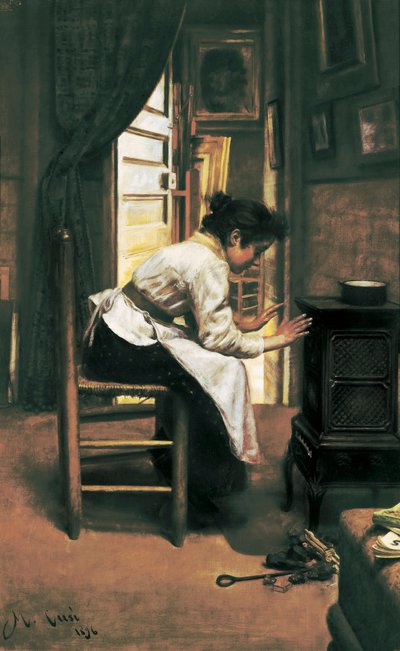 "Una donna davanti alla stufa", dipinto di Manuel Cusi da Manuel Cusí