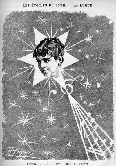 Adelina Patti, cantante italiana. La stella del canto, caricatura del caricaturista Manuel Luque. In The Cartoon del 1886 da Manuel Luque