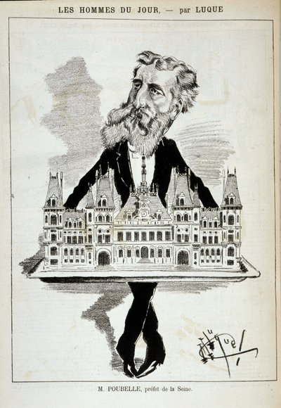 Cartone animato di M. Poubelle, prefetto della Senna, che porta il Municipio di Parigi su un vassoio - Dess. di Luque, in "La Caricature" del 13/08/1887 da Manuel Luque