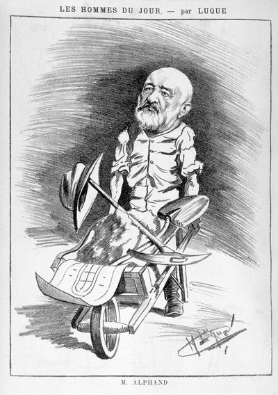Trasformazioni di Parigi sotto il Secondo Impero, Parigi di Haussmann: Disegno umoristico che raffigura Jean Charles Adolphe Alphand (1817-1891), ingegnere. Ha partecipato alla ristrutturazione di Parigi guidata dal Barone Haussmann tra il 1852 e il 1870.  da Manuel Luque
