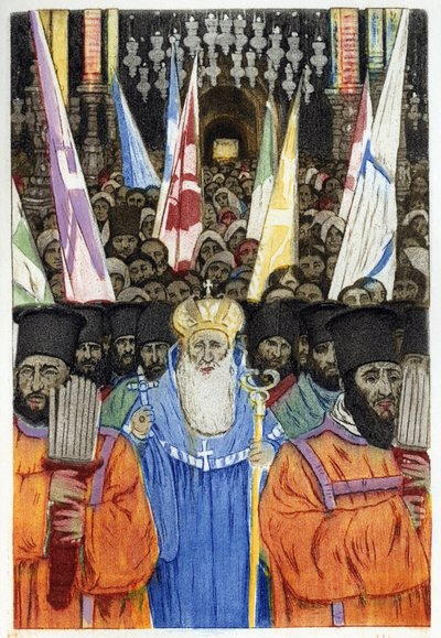 Cerimonia ortodossa ebraica a Gerusalemme. Incisione di Manuel Orazzi (1860-1934), in "L
