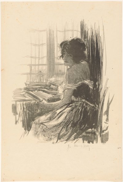 Donna che legge dietro un tavolo davanti alla finestra da Manuel Robbe (signed by artist)
