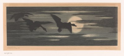 Tre anatre che volano al tramonto da Marc Henry Meunier (attributed to)