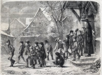 Uscita da scuola in inverno. Incisione da un dipinto di M. B. Vautier in 