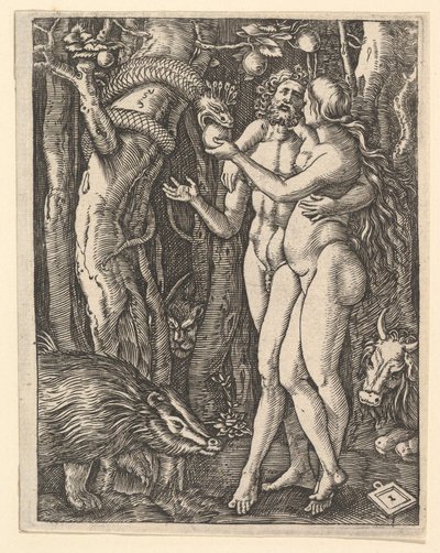 Adamo ed Eva con mela e serpente da Marcantonio Raimondi