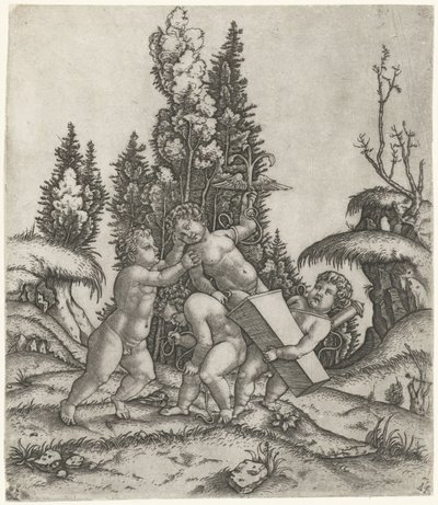 Amore e due putti o bambini portano una statua di putti con ancorato alato su piedistallo da Marcantonio Raimondi