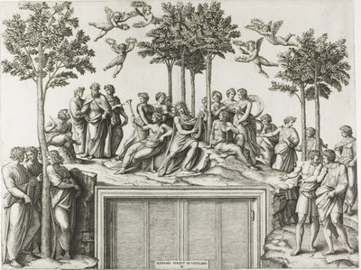 Apollo sul Parnaso, circondato dalle Muse e dai poeti da Marcantonio Raimondi