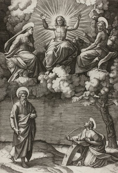Cristo, la Vergine e San Giovanni Battista con i Santi Paolo e Caterina da Marcantonio Raimondi