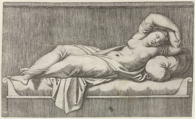 Cleopatra semi-nuda sdraiata su un letto da Marcantonio Raimondi