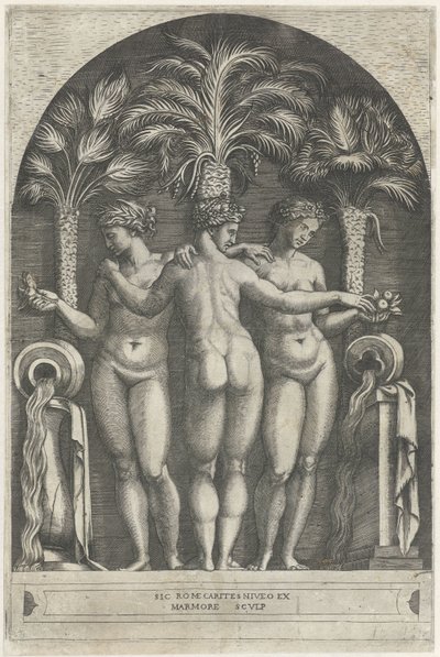 Tre Grazie in una nicchia davanti a tre palme e affiancate da brocche da cui scorre acqua da Marcantonio Raimondi