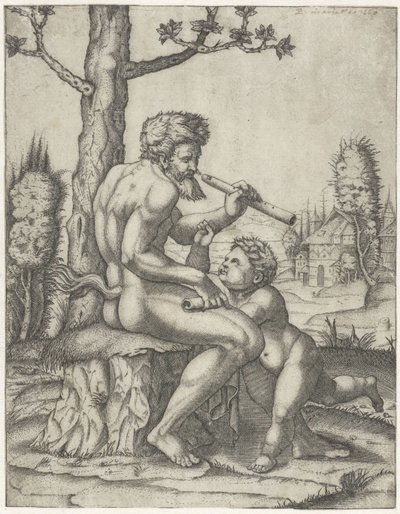 Fauno con flauto gioca con bambino da Marcantonio Raimondi