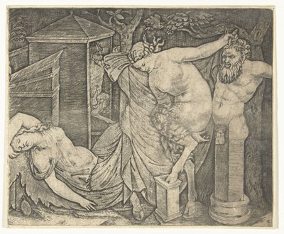Frammento di baccanale con donna satiro e erma e baccante addormentata da Marcantonio Raimondi