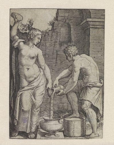 Donna semi-nuda si lava con spugne e servitore maschio versa acqua in un vaso da Marcantonio Raimondi