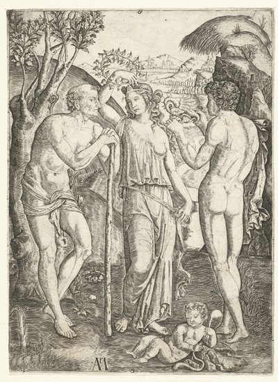 Giovane donna con corona di foglie tra un vecchio appoggiato a un bastone e un giovane con drago e bambino da Marcantonio Raimondi