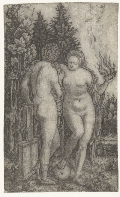 Giovane protetto da una donna con globo e ciotola di offerte come personificazione della Fortuna da Marcantonio Raimondi