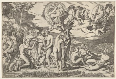 Giudizio di Paride: Paride estende la mano verso Venere, che sta tra Giunone e..., ca. 1520-50 da Marcantonio Raimondi