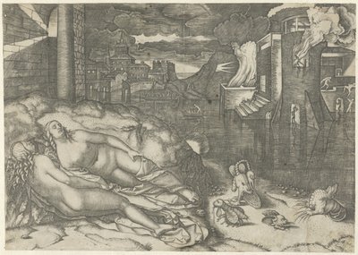 Paesaggio con due donne nude addormentate e animali fantastici sulla riva vicino a un edificio in fiamme da Marcantonio Raimondi