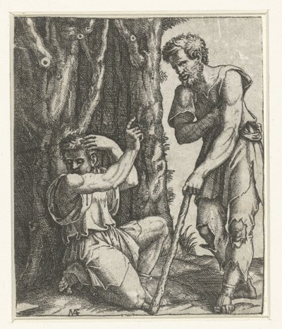 Uomo inginocchiato che si allontana da un mendicante al margine del bosco da Marcantonio Raimondi