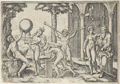 Uomo con due trombe e uomo con pietra sulla schiena affiancati da uomo e donna con globo e uomo vecchio e giovane da Marcantonio Raimondi
