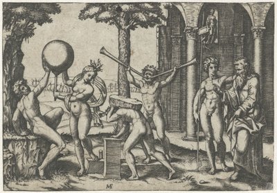 Uomo con due trombe e uomo con pietra sulla schiena affiancati da uomo e donna con globo e uomo vecchio e giovane da Marcantonio Raimondi