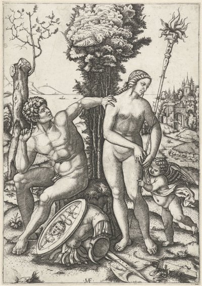 Marte e Venere come coppia di amanti con Amore da Marcantonio Raimondi