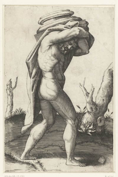 Uomo nudo che porta una base di colonna sulla schiena da Marcantonio Raimondi