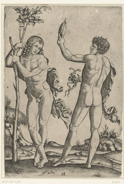 Uomo nudo appoggiato a un albero e uomo nudo con specchio e due serpenti da Marcantonio Raimondi
