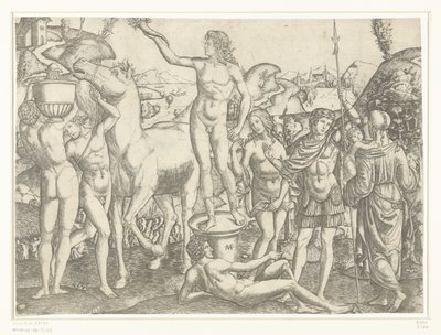 Uomo nudo con torcia su piedistallo circondato da uomini nudi con cavallo e vaso e soldato affiancato dalle virtù Prudenza e Amore da Marcantonio Raimondi