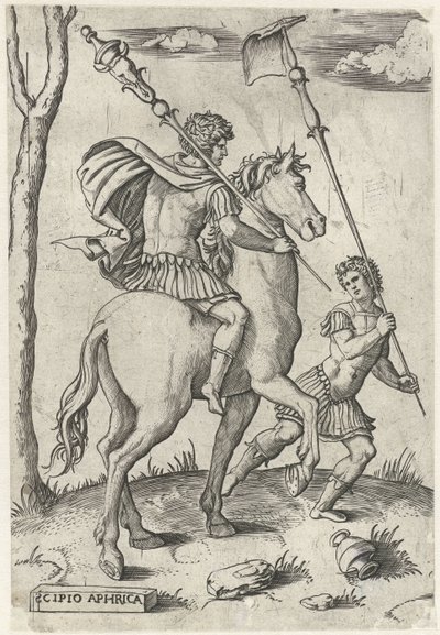 Generali romani Scipione Africano Maggiore a cavallo e Scipione Africano Minore da Marcantonio Raimondi